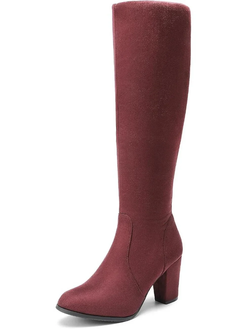 Women's Burgundy Faux Fur Lined Square Toe Side Zipper Knee High Riding Boots